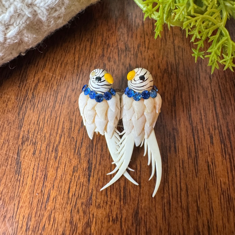 Vintage Bird Brooch Pin Rhinestone Lovebirds Parakeets Kitsch Retro Jewelry